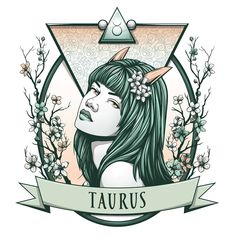 a girl with horns and flowers on her head, surrounded by an emblem for taurus