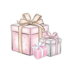 three gift boxes with bows and ribbons on them, one is pink the other is white