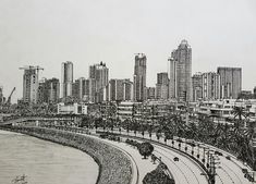 a pencil drawing of a city with tall buildings