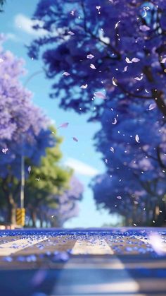 an animated image of purple trees in the middle of a road with blue sky and white clouds