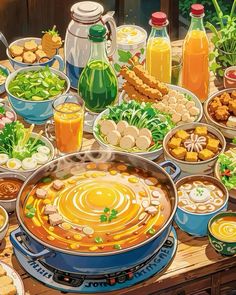 an image of a table full of food that includes soups, vegetables and bread