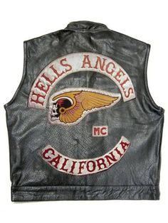 a black leather vest with the words hells angels california on it and an image of a