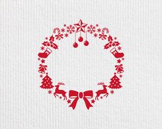 a red christmas wreath with reindeers, stars and bells around it on a white background