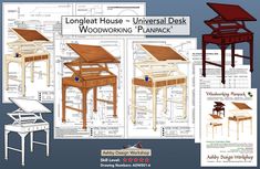 the woodworking plan includes several different types of tables and desks, including one with an open top