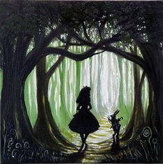 a painting of a woman and child walking through a forest with trees in the background