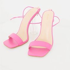 Give Your Look A Fiercely Feminine Update With These Heels. Featuring A Fuchsia Hue Pu Material In A Wide Fit And Clear Block Heel, We're Obsessed. Add These To Your Weekend Wardrobe To Elevate Your Look. Pu Tie-Up 4" Heel Size 10 New In Box Gold Lace Up Heels, Fiercely Feminine, Cream Sandals, Silver Strappy Heels, Clear Block Heels, Blue Suede Heels, Black Stilettos, Cute Heels, Pretty Little Thing