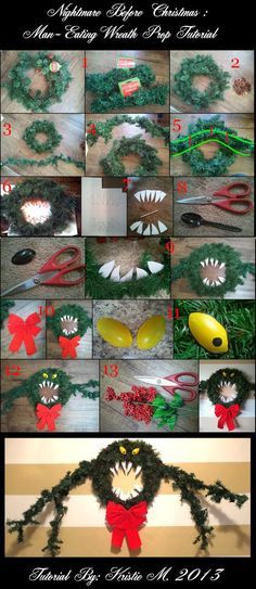 christmas wreaths made out of yarn and plastic spoons are shown in this collage