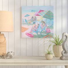 a painting is hanging on the wall next to a table with two vases and a lamp