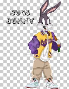 a cartoon rabbit wearing a yellow jacket and white sneakers with the words bugs bunny on it