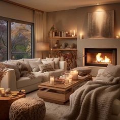 a living room filled with furniture and a fire place in the middle of the room