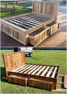 the bed frame is made out of pallet wood and has drawers on each side