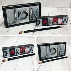 four different photos of the word argon written in metal letters with pencils and erasers