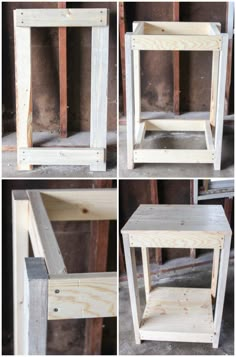 four different angles of a wooden shelf