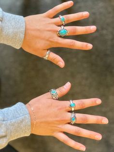 Add a hint of southwestern flair to your collection with this eye-catching Adjust To Turquoise Ring Set. Crafted from high-polish silver with western concho style, cable, flower, and multiple aztec shapes to choose from, each ring is bedazzled with a sprinkling of lustrous turquoise stones. Stretch adjustable for any size, this sparkly set of six is sure to bring plenty of good vibes. Go ahead, saddle up and ride into the sunset! Sparkly Set, Turquoise Stones, Polish Silver, The Sunset, Turquoise Stone, Ring Set, Good Vibes, Ring Sets, Turquoise Ring