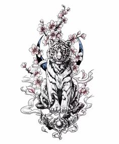 a tiger with flowers on it's back and an arrow in the middle of its body