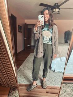 Mombod Outfits, Elevated Graphic Tee Outfit, Hoka Teacher Outfit, Style A Tshirt Outfit Work, Work Outfits With Joggers, Graphic Tee And Mom Jeans Outfit, Green Graphic Tee Outfit, Outfit Ideas Mom, T Shirt Outfit Aesthetic