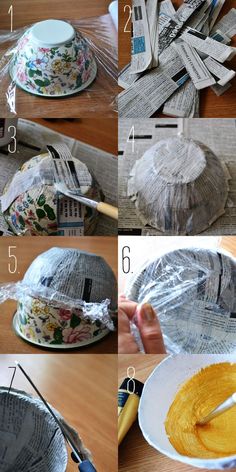 the steps to make a paper mache hat out of newspaper strips and plastic wrap