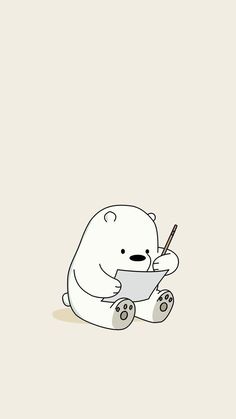 a white polar bear sitting on the ground holding a pen and paper in its paws