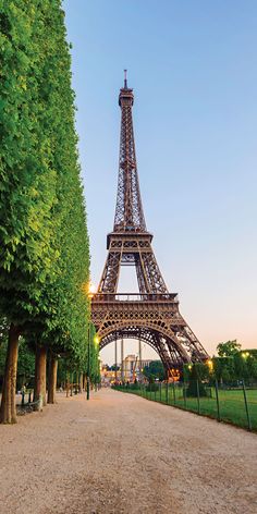 the eiffel tower is surrounded by trees and grass in front of a dirt road