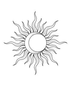 a drawing of the sun in black and white