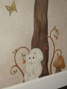 a painting of a white squirrel on a tree in the corner of a room with butterflies flying above it