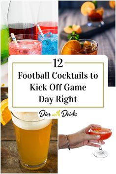 Collage of 4 football cocktails. Football Party Cocktails, Football Themed Drinks, Football Sunday Party, Football Cocktails, Football Party Drinks, Gameday Drinks, Tailgate Drinks, Football Drink