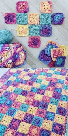 crocheted granny afghans and balls of yarn are shown in two different colors