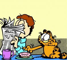 a cartoon cat sitting at a table next to a woman reading a newspaper and drinking coffee