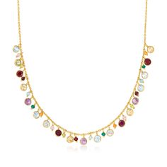 Ross-Simons - 12.10ct t. w. Multi-Gemstone Necklace in Gold Over Sterling. 18". Add a pop of color to your look with this playful necklace. It boasts 12.10 ct. tot. gem wt. blue topaz, amethyst, ruby, citrine, rose quartz, prasiolite, peridot and garnet gemstones that dangle from a polished 18kt yellow gold over sterling silver cable chain. Also features 3mm faceted beads of blue chalcedony and orange and green agate for even more vibrancy. Includes a 2" extender. Lobster clasp, multi-gemstone n Peridot And Garnet, Multi Gemstone Necklace, Multi Gemstone Ring, Sterling Jewelry, Citrine Stone, Station Necklace, Blue Chalcedony, Garnet Gemstone, Fine Jewellery Necklace