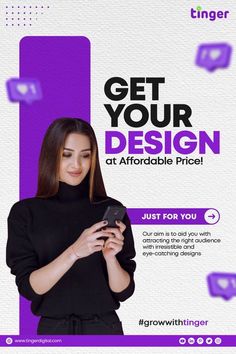 a woman is looking at her phone while standing in front of a purple background with the text get your design at affordable price