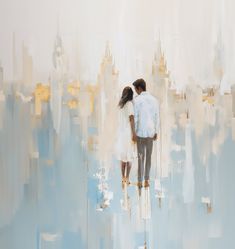 a painting of two people standing in front of a cityscape