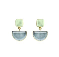 - 18k gold plated earrings with a square top stone and half circle bottom stone - Measures 0.75" - Handmade in Brazil Two Stone Earrings, Bijoux Art Nouveau, Small Dangle Earrings, Petite Earrings, Square Top, Gold Jewelry Indian, Half Circle, Square Earrings, Rose Gold Jewelry