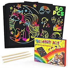 the scratch art kit includes two coloring books and four pencils, one with an image of a unicorn on it