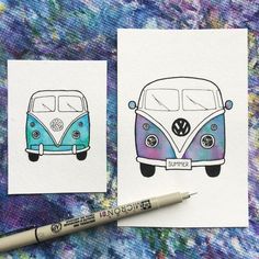 two drawings of a vw bus on white paper