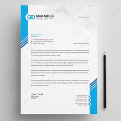 a blue and white letterhead with a pencil next to it