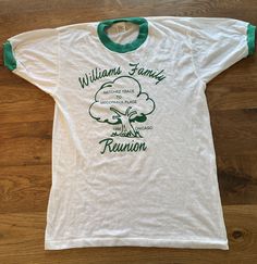 1980's vintage family reunion ringer tshirt,  50/50 cotton poly.  Pristine condition I don't think this has ever been worn, incredibly white for its age!!  Men's medium (tag says medium, but actually much closer to a small). Hanco tag, made in the USA. White Crew Neck T-shirt For Family Reunion, 90s Culture, Family Reunion Shirt, Family Reunion Shirts, Reunion Shirts, Vintage Family, Culture Fashion, Family Shirt, 1980s Vintage