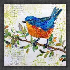 a painting of a blue bird sitting on a branch with leaves and branches around it