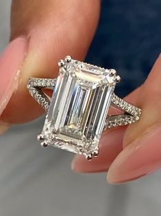 Huge Emerald Moissanite Ring Pave Set Hidden Halo Split Shank Engagement Ring Rose Gold Emerald Cut Engagement Ring, Huge Engagement Rings, Split Shank Halo Engagement Ring, Big Diamond Rings, Halo Band, Split Shank Engagement Rings, Emerald Cut Diamond Ring, Split Shank Ring, Emerald Cut Rings