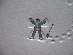 a drawing of a man holding a shovel and standing in the snow with his arms outstretched