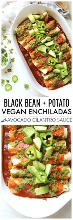 black bean and potato enchiladas with avocado, cilantro sauce