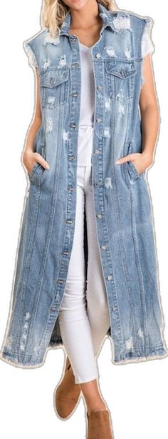 Spring Dark Wash Denim Vest With Frayed Hem, Trendy Medium Wash Vest Outerwear, Casual Light Wash Vest For Fall, Light Wash Denim Vest With Frayed Hem For Spring, Denim Vest For Fall, Trendy Light Wash Vest For Fall, Casual Denim Vest For Fall, Casual Denim Blue Vest For Fall, Trendy Sleeveless Denim Outerwear