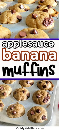 Mini banana muffins with chocolate chips in the pan overhead and close up with text title overlay Banana Applesauce Muffins, Kid Muffins, Muffins With Chocolate Chips, Mini Muffin Recipe, Mini Banana Muffins, Muffins With Chocolate, Banana Muffins Recipe, Kids Plate, Applesauce Muffins