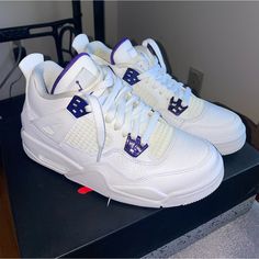 Brand New!!! Refer To Goat And Stock X To Compare Prices. Metalic Purple Jordan 4, Cute Jordans Shoes, Pure Money 4s, Cute Jordans, Cute Casual Shoes, Nike Shoes Women Fashion, Jordan 4’s, Pretty Sneakers, Trendy Shoes Sneakers