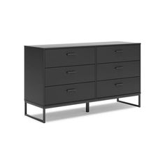 a black dresser with four drawers and metal legs