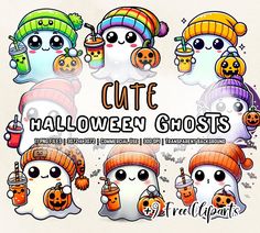 cute halloween ghost clipart with pumpkins and jack - o'- lantern hats