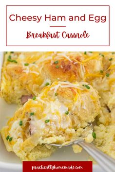 easy cheesy ham and egg breakfast casserole on a white plate with a fork