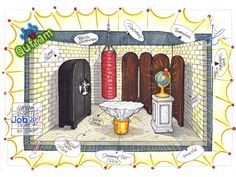 a drawing of a room with an open fire place and various things on the wall