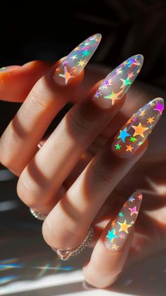 Euphoria Nail Designs, Black Opal Nails, Colorful Star Nails, Colorful Nails Acrylic, Long Nails Aesthetic, Claw Nails Designs, Weather Nails, Cosmic Nails, Star Nail Designs