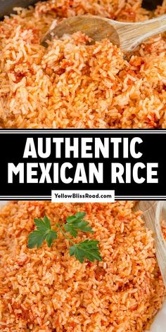 mexican rice in a skillet with wooden spoons and parsley on the side