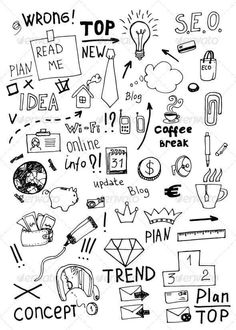 hand drawn doodles with words and symbols on white background - stock photo - images